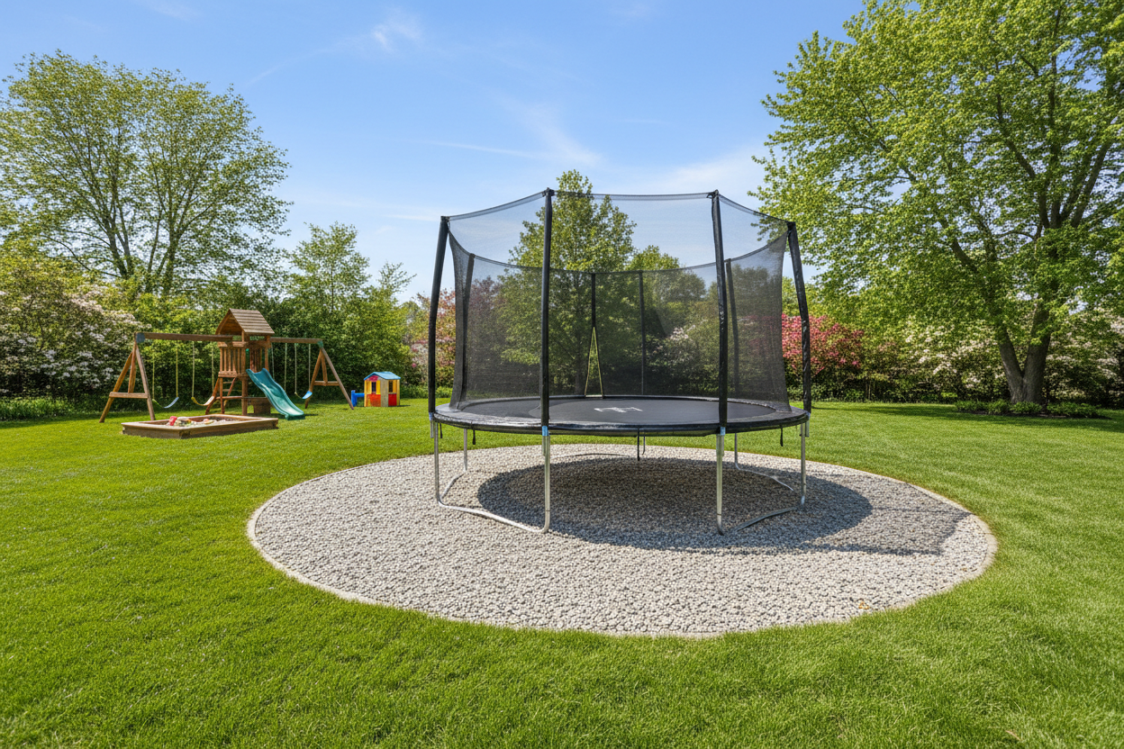 trampoline area with gravel as the base and then green grass